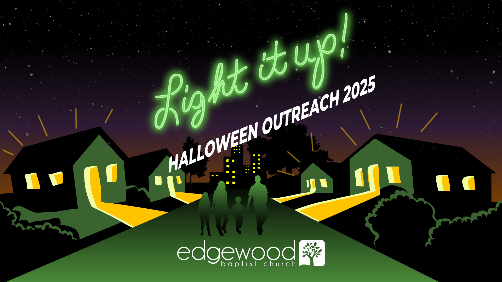 Light It Up illustration showing illuminated neighborhood houses